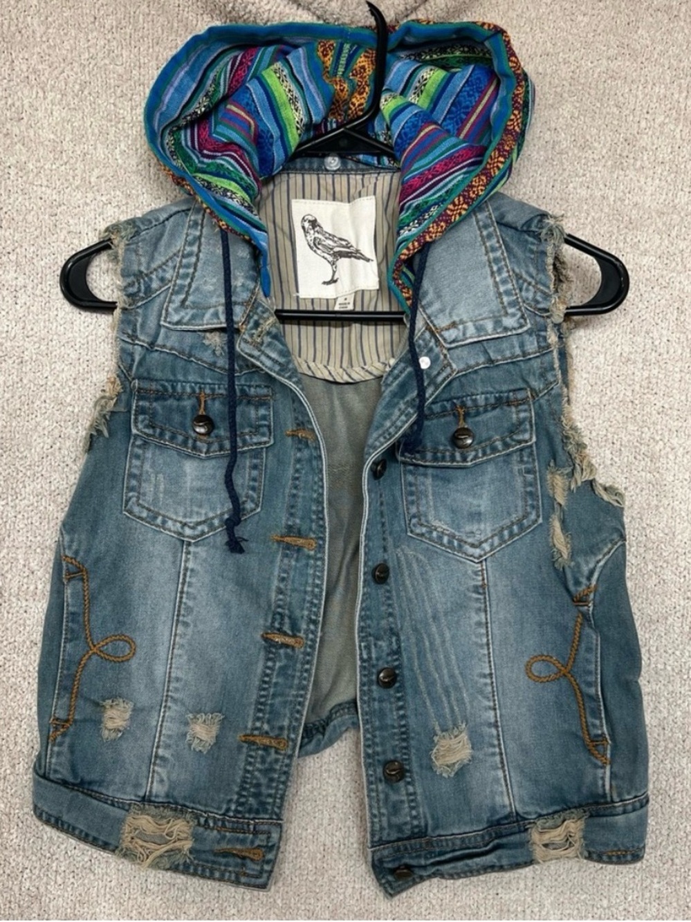 Women’s Denim Hooded Vest with Multicolor Lined Hood